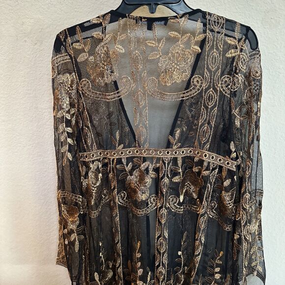 Haute Monde Cinched Waist Kimono Topper Medium Blk Copper Embroidered Whimsigoth - Picture 7 of 11